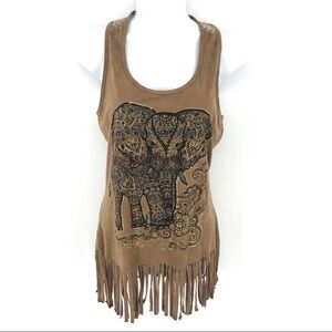 Maurices Fringe Boho Elephant Tribal Tank Top Shirt Safari Brown Size XS